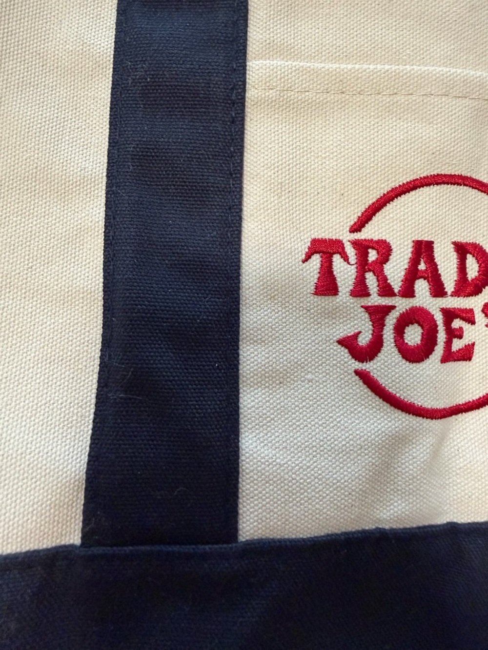 Trader Joe's Canvas Tote Bag in Cream and Navy mini NWT - Picture 2 of 2
